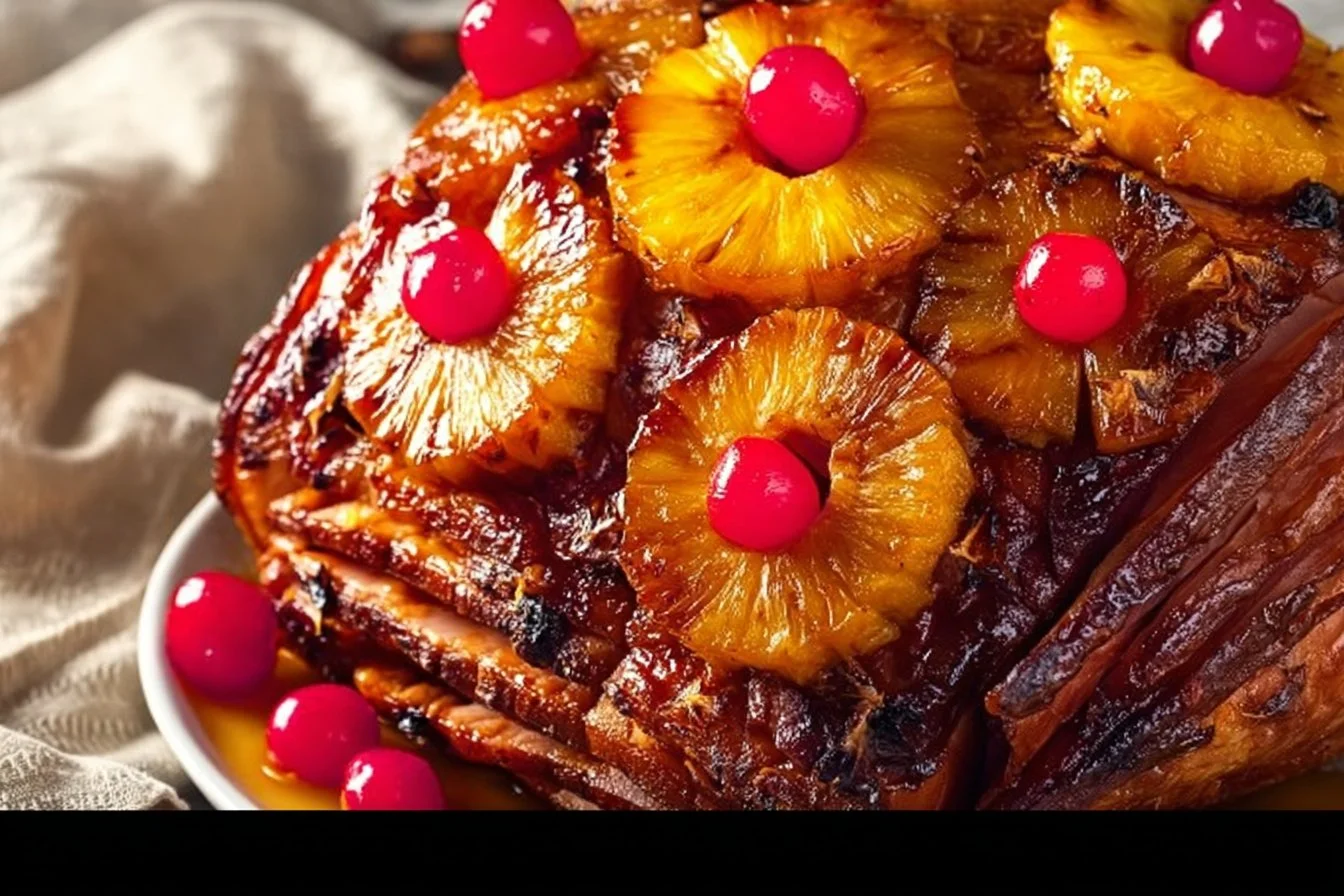 Southern baked ham glazed with pineapple, served on a festive table.