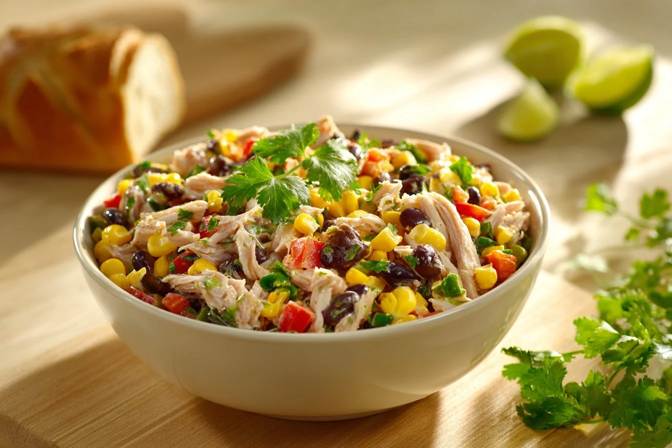 Colorful Southwest Chicken Salad with grilled chicken, beans, corn, and avocado.