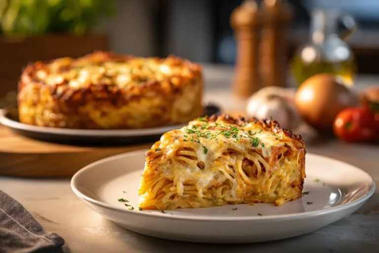 Delicious spaghetti pie served on a plate with fresh herbs