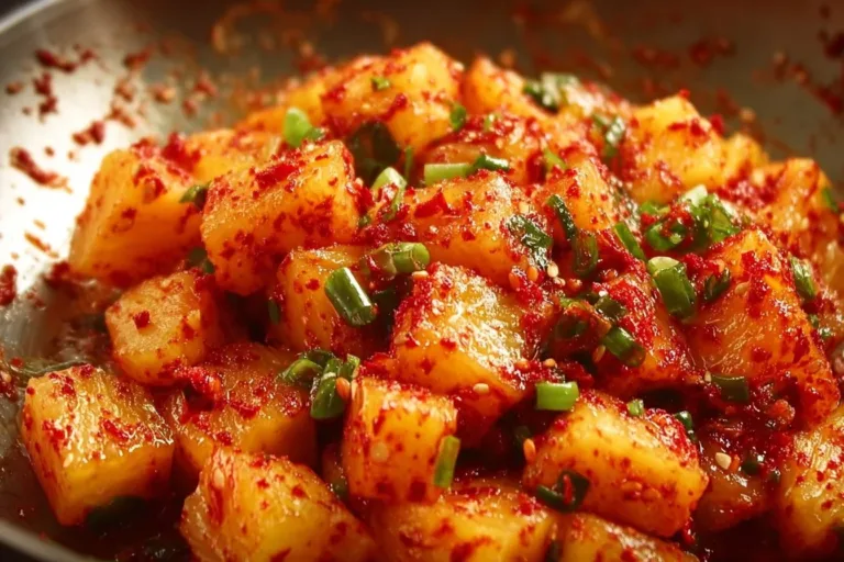 Spicy pineapple kimchi marinade in a bowl with fresh ingredients