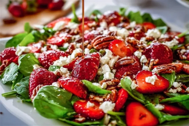 Spinach Strawberry Salad with Pecans garnished on a plate.