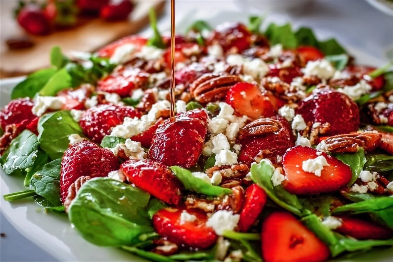 Spinach Strawberry Salad with Pecans garnished on a plate.