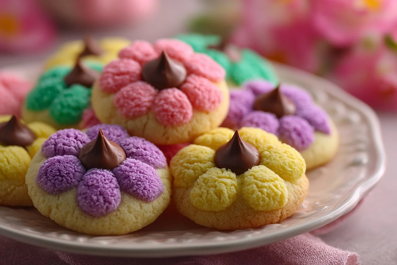 Freshly baked Spring Blossom Cookies decorated with vibrant spring colors.