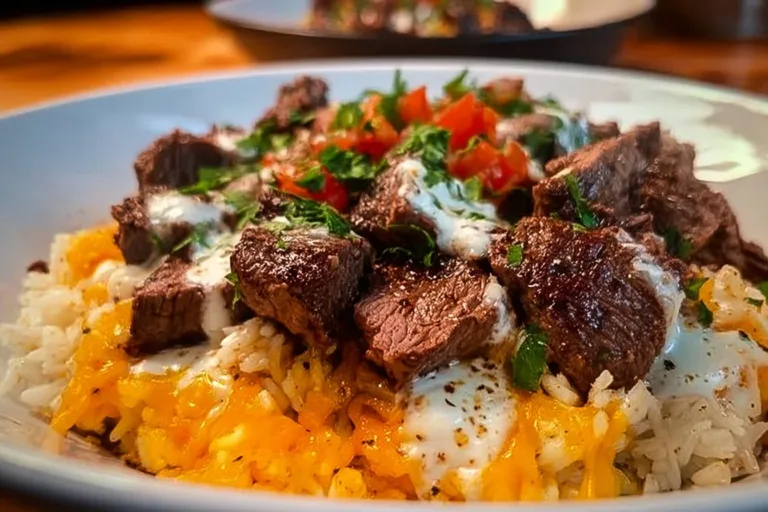 Delicious Steak Queso Rice topped with melted cheese and fresh herbs