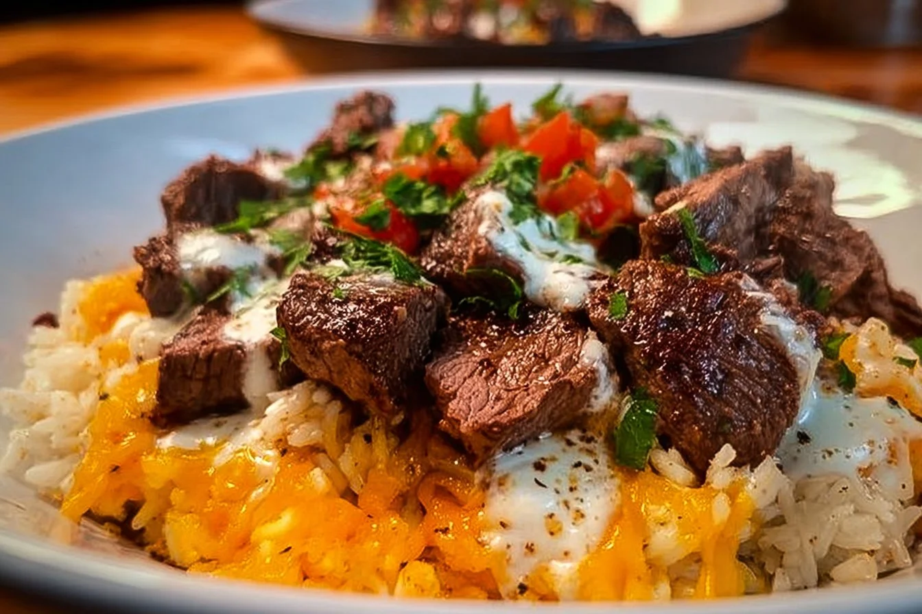 Delicious Steak Queso Rice topped with melted cheese and fresh herbs