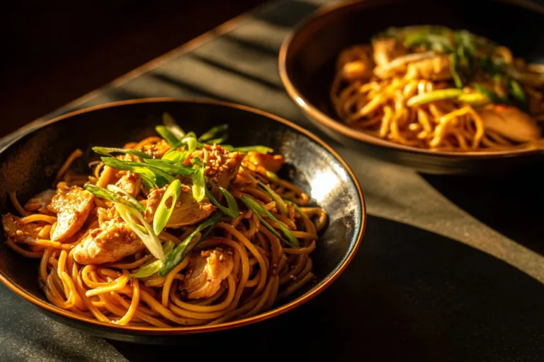 Delicious Sticky Garlic Chicken Noodles served in a bowl