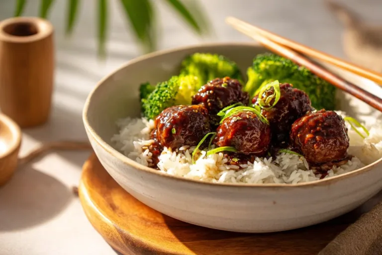 Sticky Mongolian Beef Meatballs served in a bowl with garnish