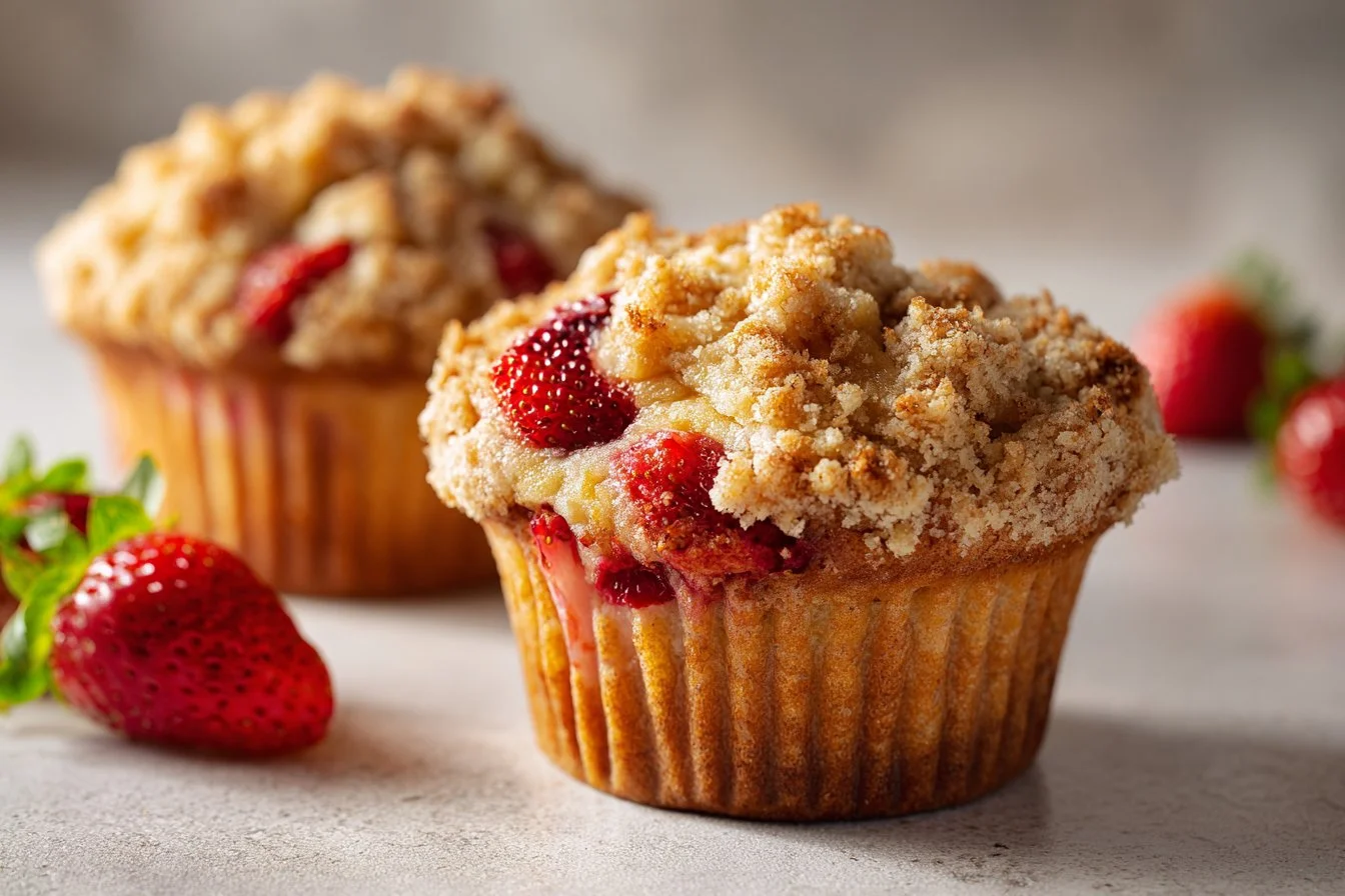 Freshly baked strawberry cream cheese muffins on a wooden table