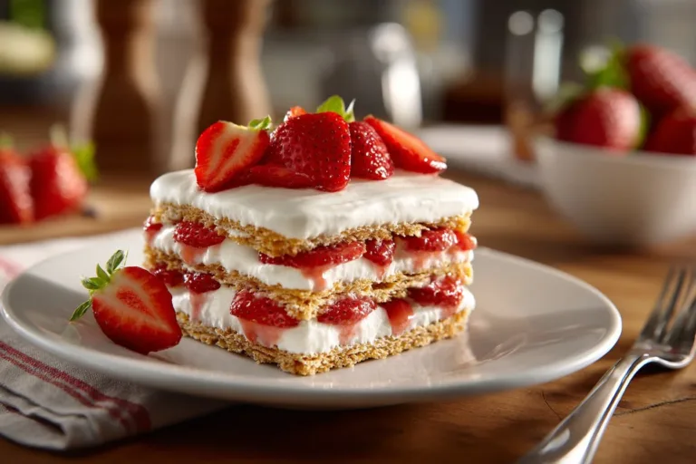 Delicious Strawberry Eclair Cake topped with fresh strawberries and cream