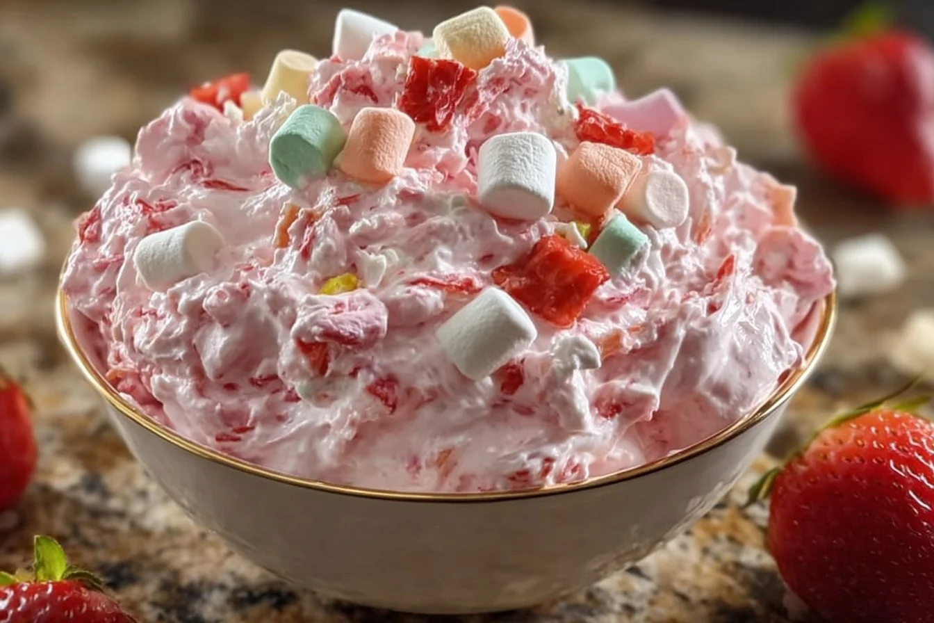 Delicious Strawberry Fluff dessert in a glass, topped with fresh strawberries.