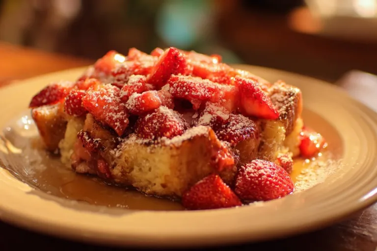 Delicious Strawberry French Toast Casserole topped with fresh strawberries