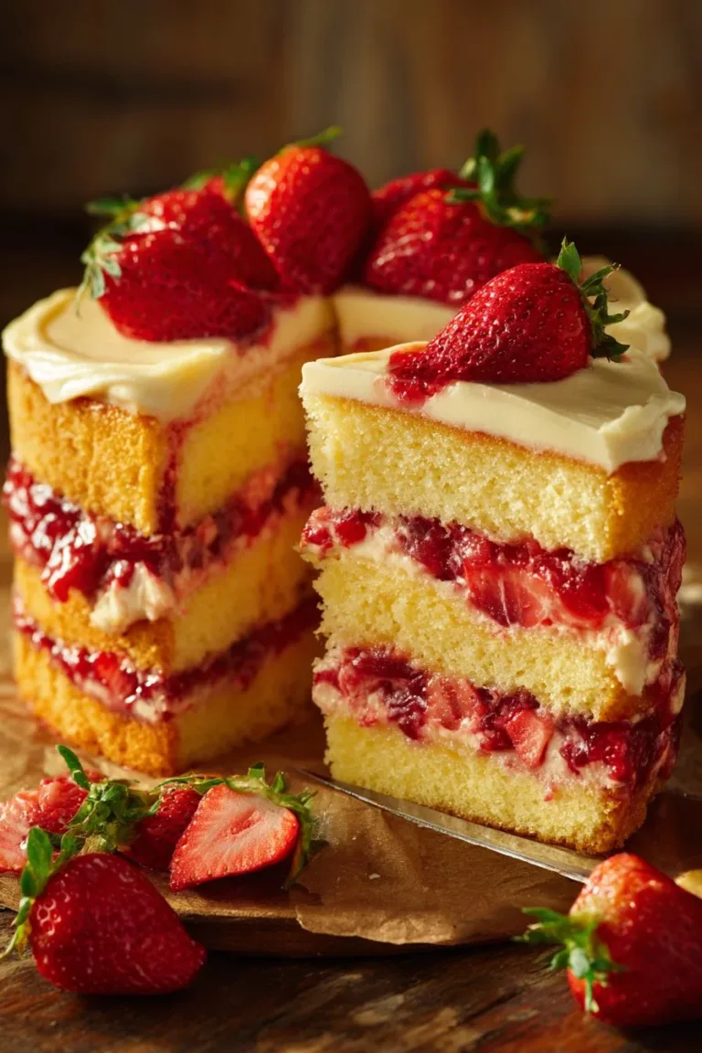 Delicious strawberry poke cake with fresh strawberries and whipped cream