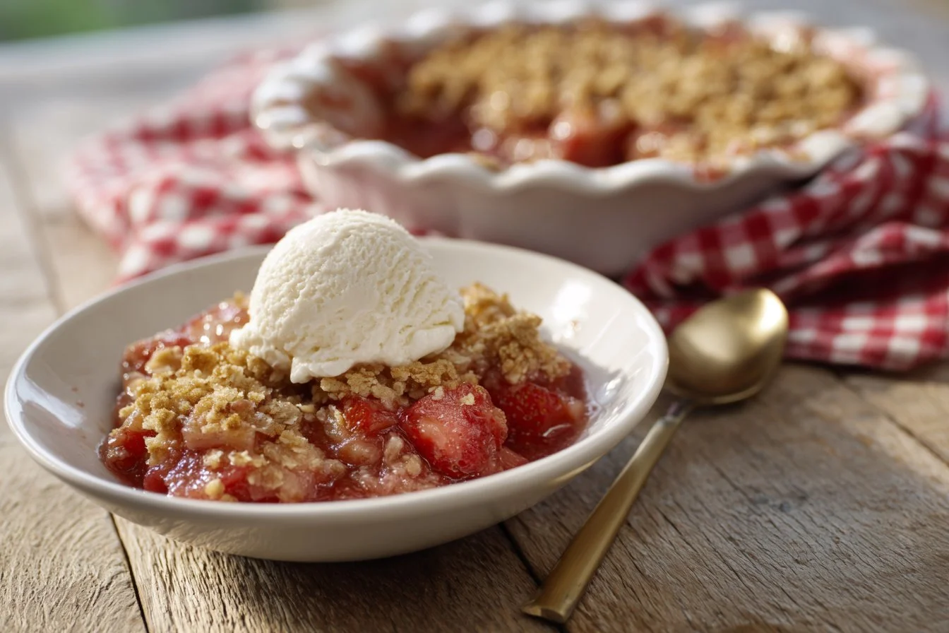Fresh Strawberry Rhubarb Crisp served in a bowl with a crunchy topping