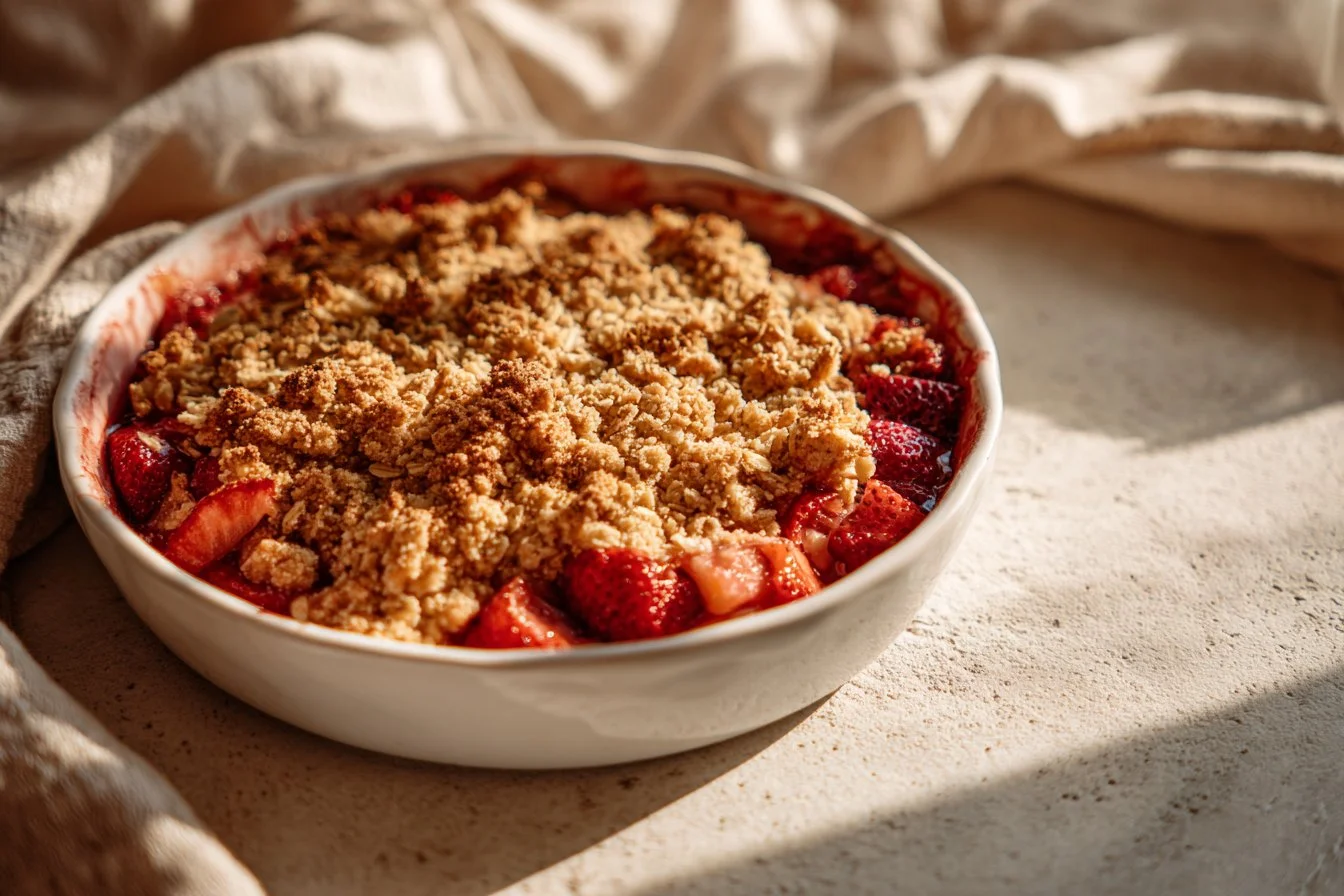Delicious homemade Strawberry Rhubarb Crisp topped with a crunchy oat topping