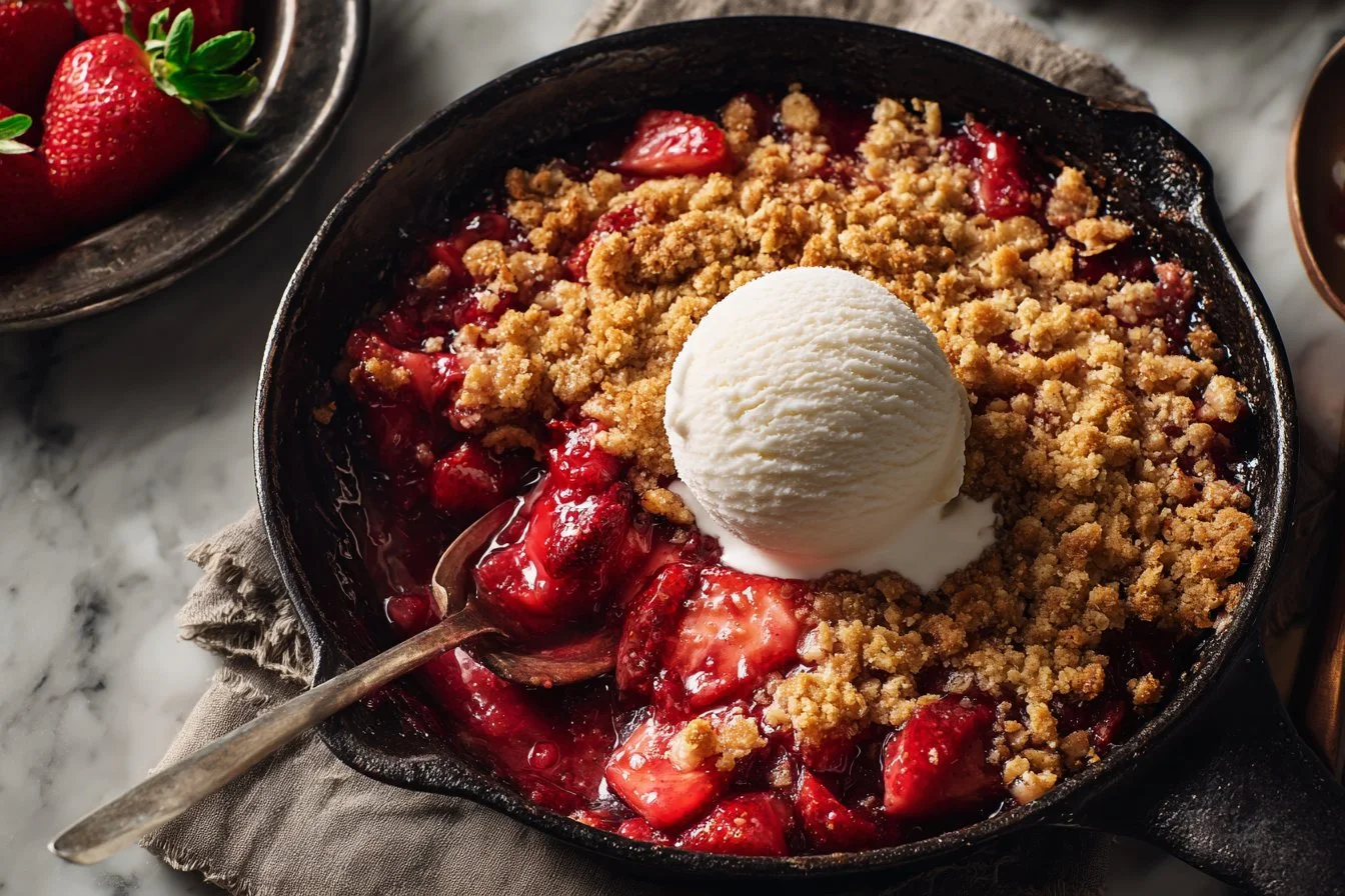 Delicious homemade Strawberry Rhubarb Crisp served in a rustic dish