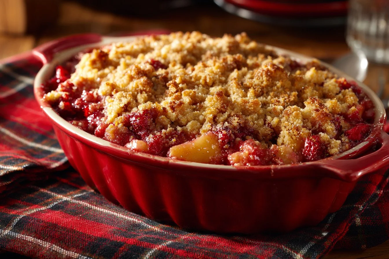 Delicious homemade strawberry rhubarb crumble in a baking dish