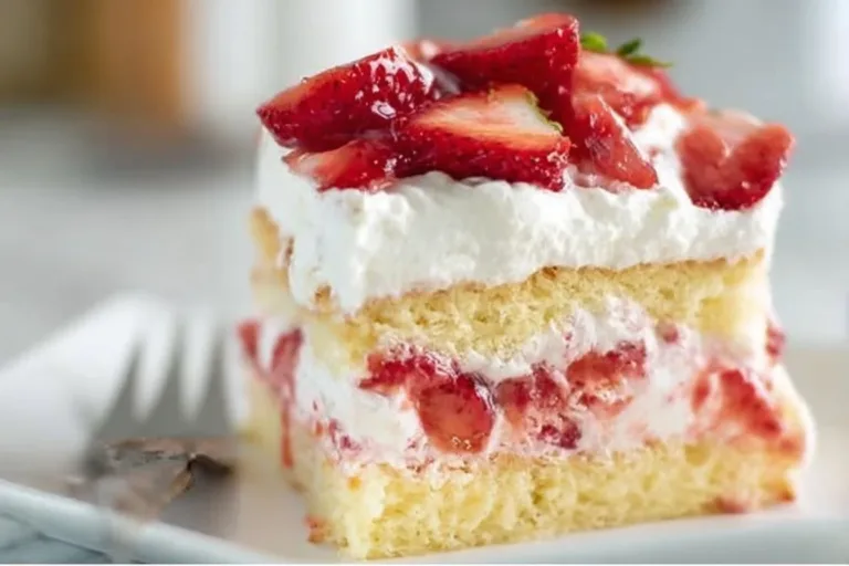 Delicious slice of homemade Strawberry Shortcake topped with fresh strawberries and whipped cream.