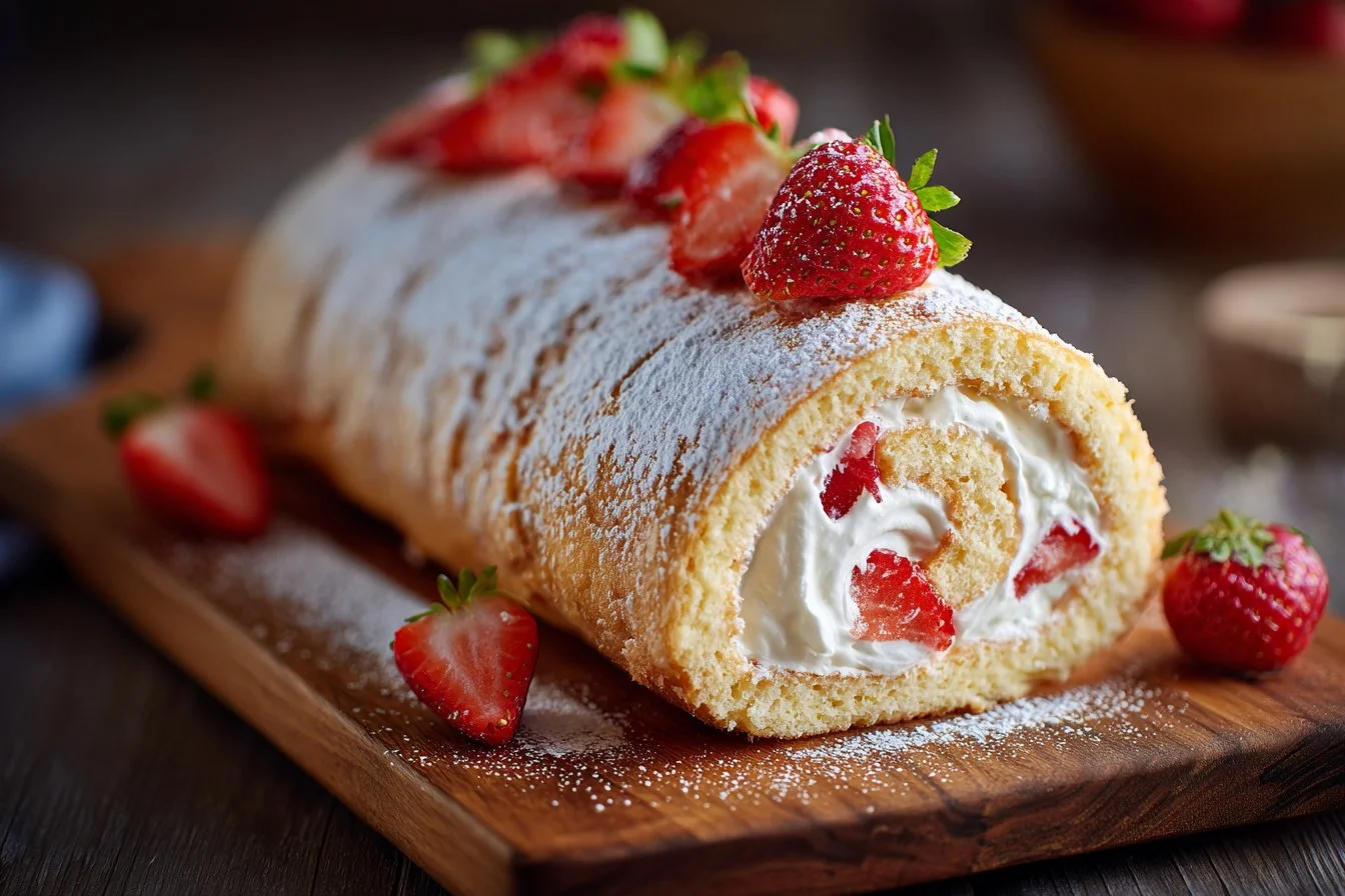 Delicious Strawberry Shortcake Cake Roll topped with fresh strawberries and cream.