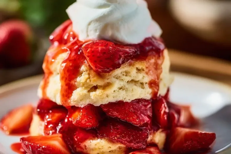 Delicious homemade strawberry shortcake topped with fresh strawberries and whipped cream.