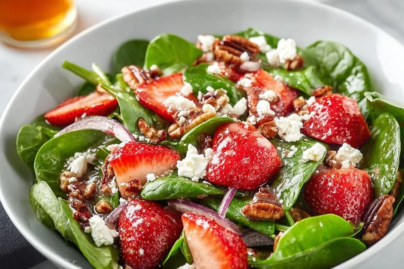 Strawberry Spinach Salad with Candied Pecans in a bowl