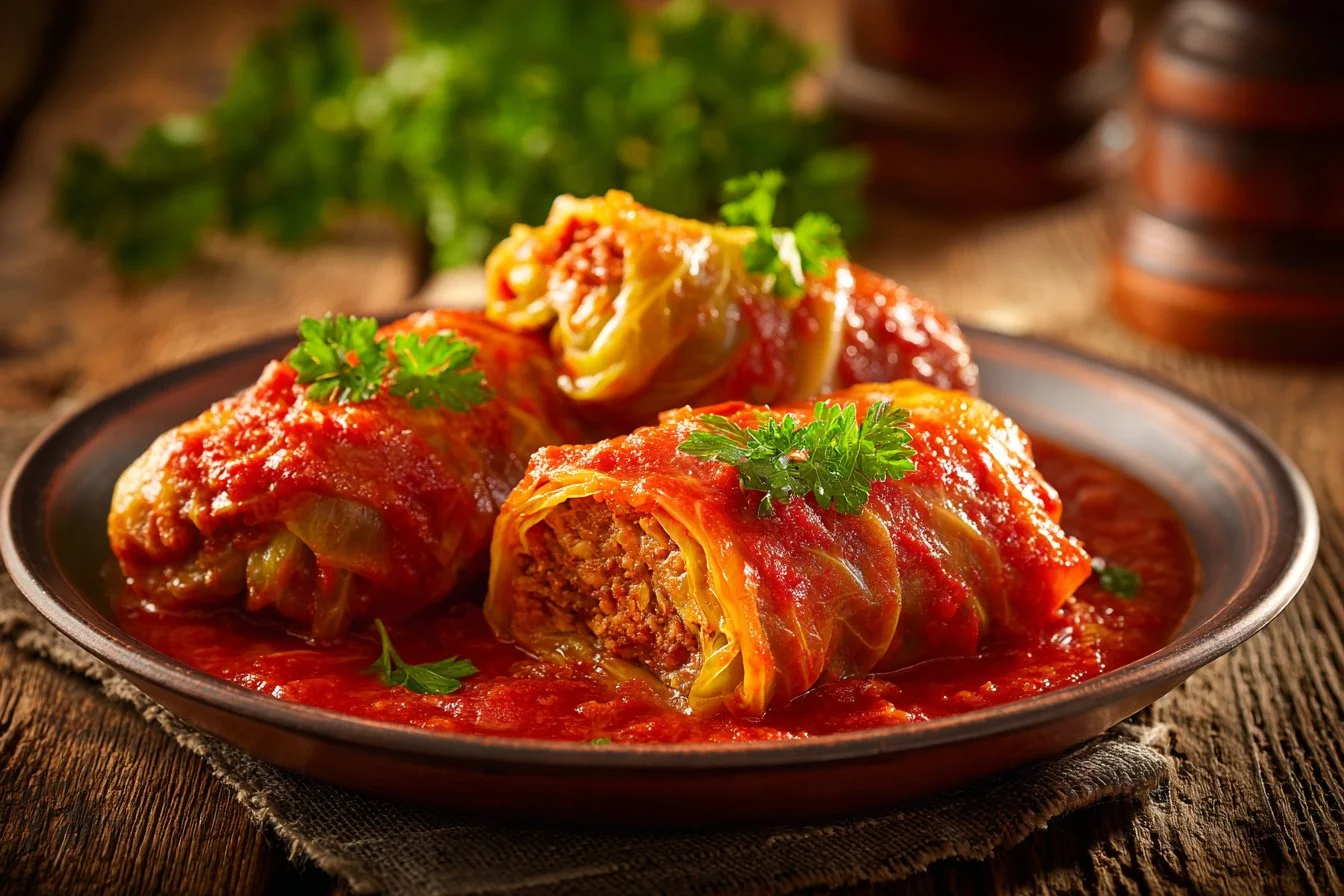 Delicious stuffed cabbage rolls filled with savory meat and rice, plated for enjoyment.
