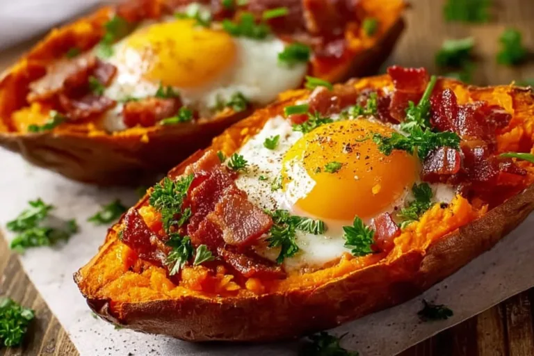 Delicious sweet potato breakfast boats filled with toppings and colorful ingredients