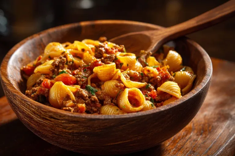 Delicious Taco Pasta dish topped with cheese and fresh herbs