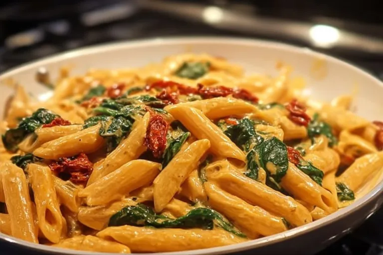 Delicious spinach tomato pasta served in a bowl garnished with fresh herbs