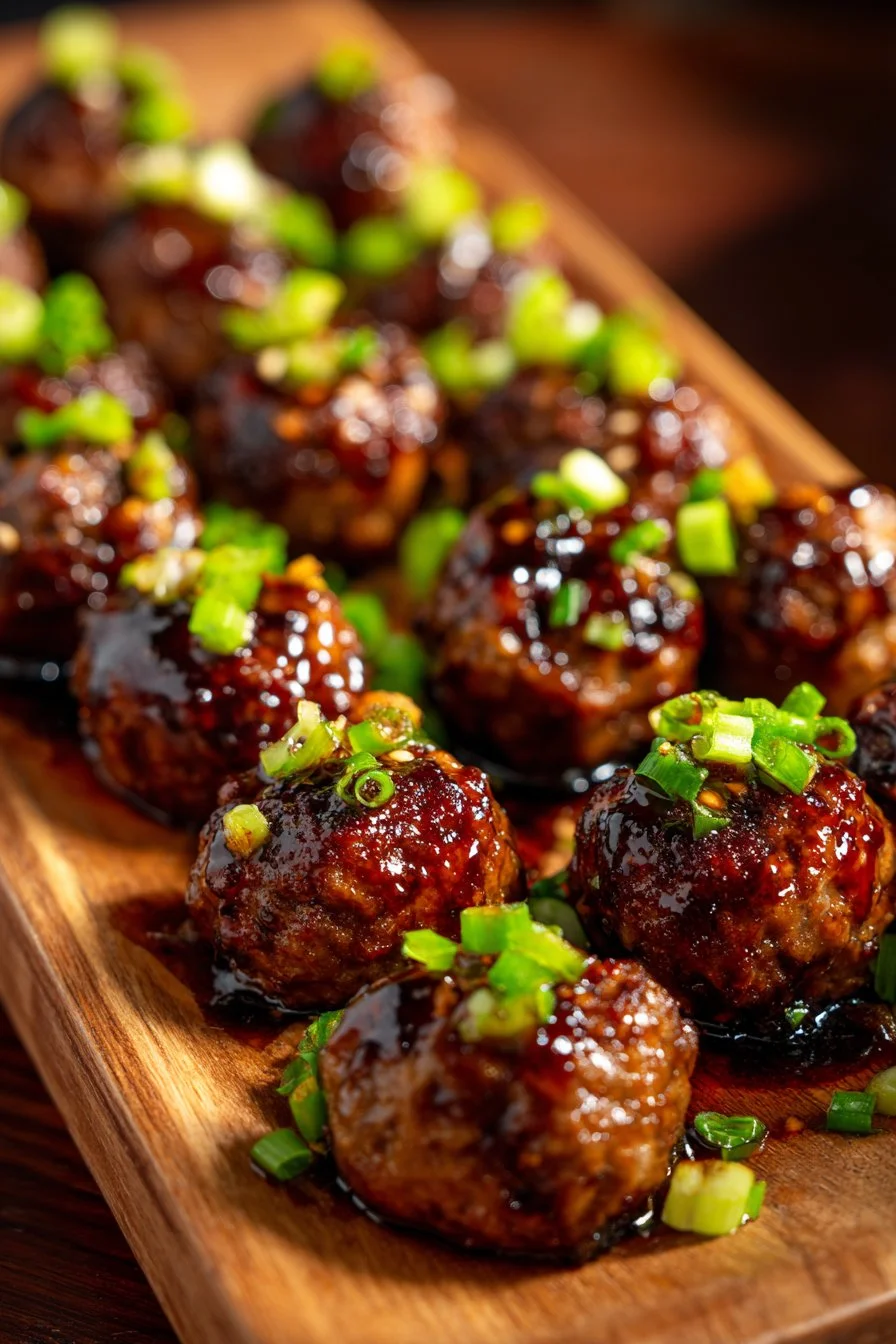 Delicious teriyaki meatballs served on a plate with garnish