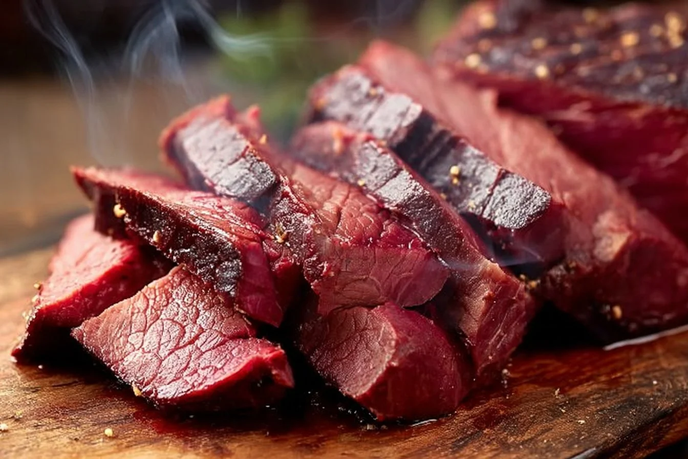 Juicy and flavorful smoked roast beef served on a wooden platter.