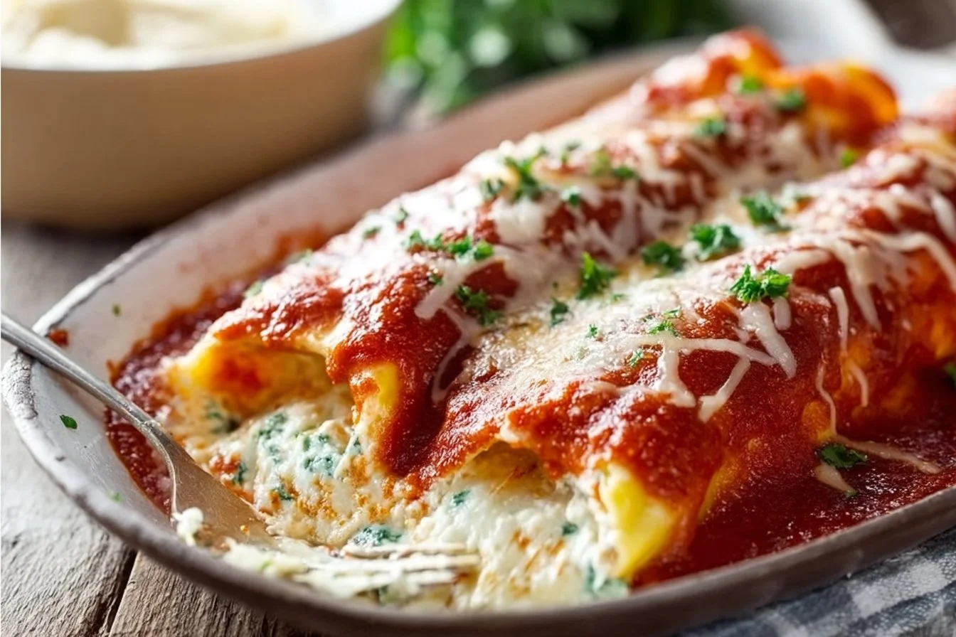 Delicious Three Cheese Manicotti with ricotta, mozzarella, and parmesan filling