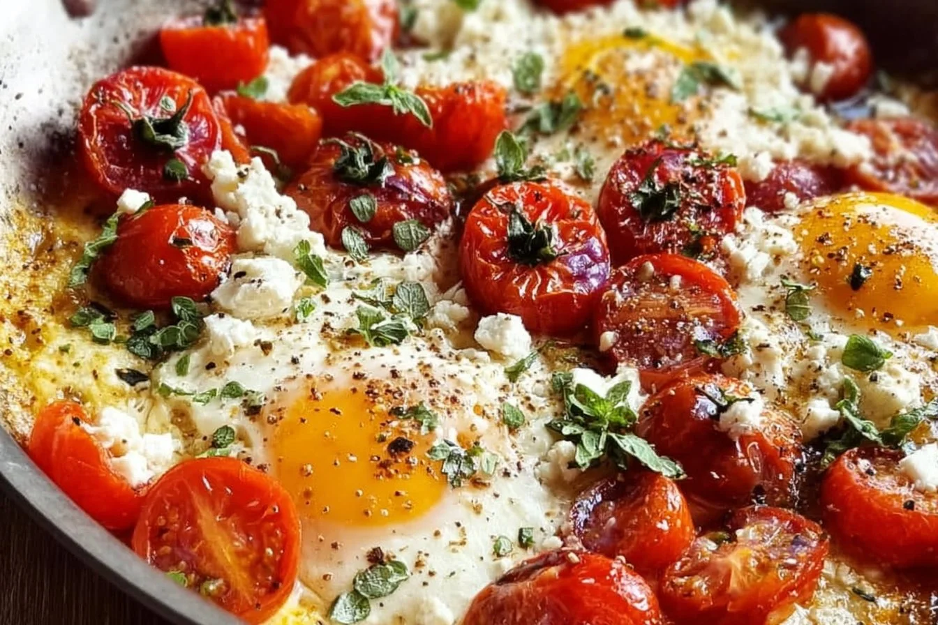 Tomato Feta Baked Eggs served in a rustic dish with fresh herbs