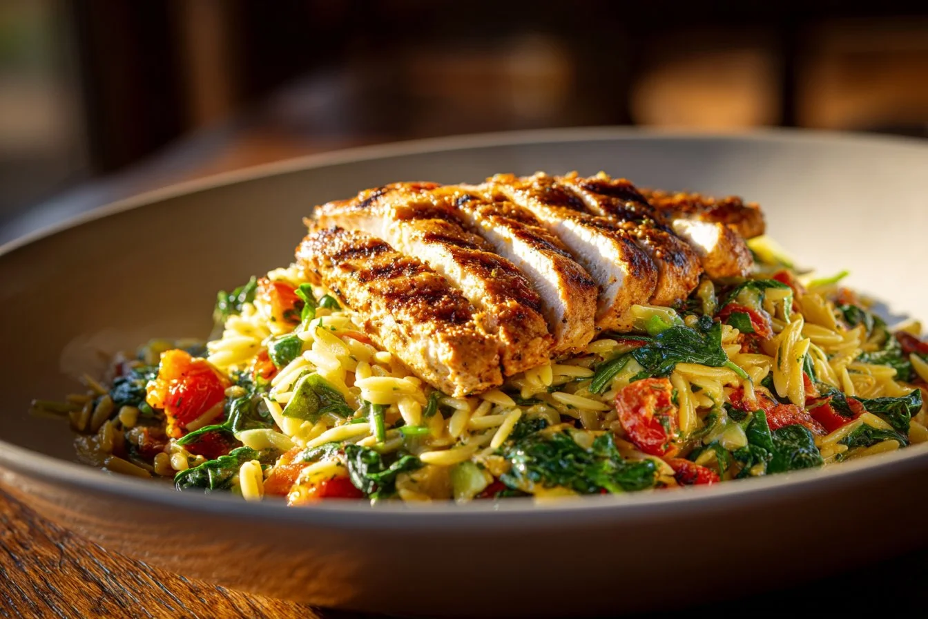 Tuscan Chicken with Orzo served in a creamy sauce with vegetables