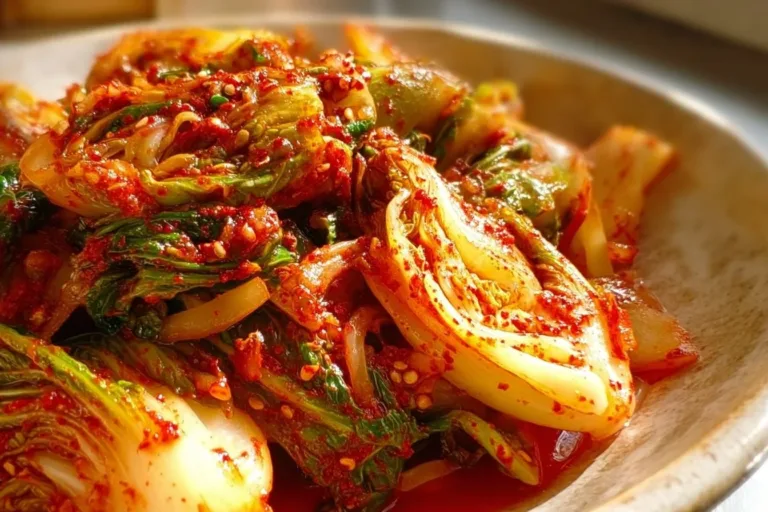 Bowl of vibrant vegan kimchi made with Napa cabbage and spices