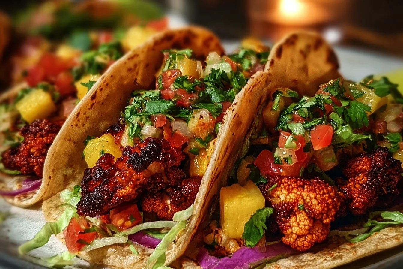 Vegan smoky BBQ cauliflower tacos topped with fresh ingredients