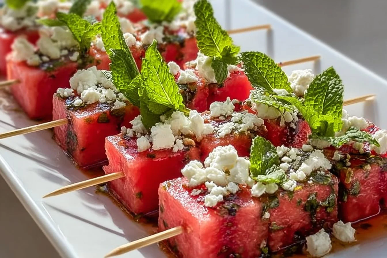 Delicious watermelon feta mint skewers on a platter