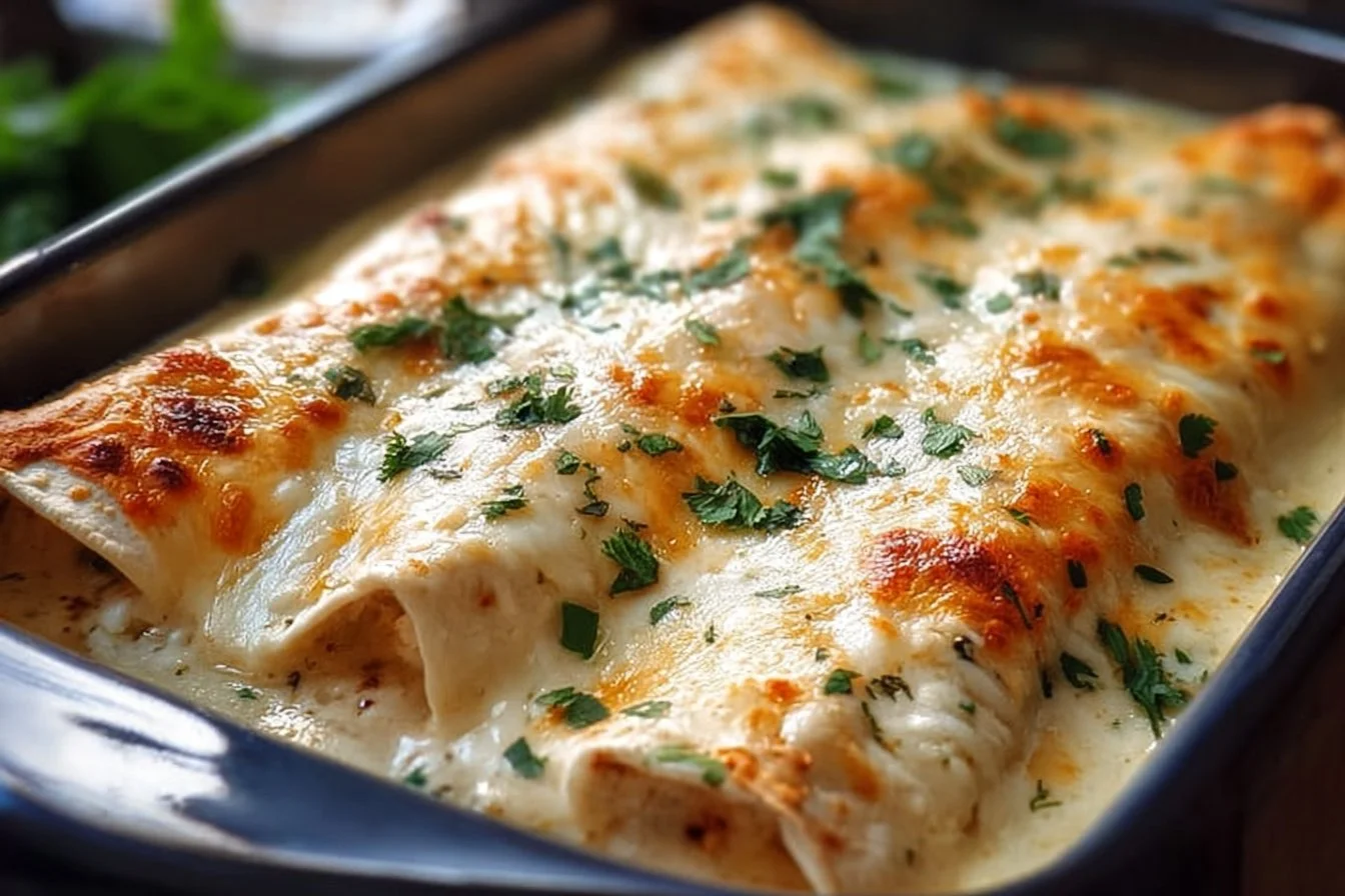 Delicious white chicken enchiladas topped with creamy sauce
