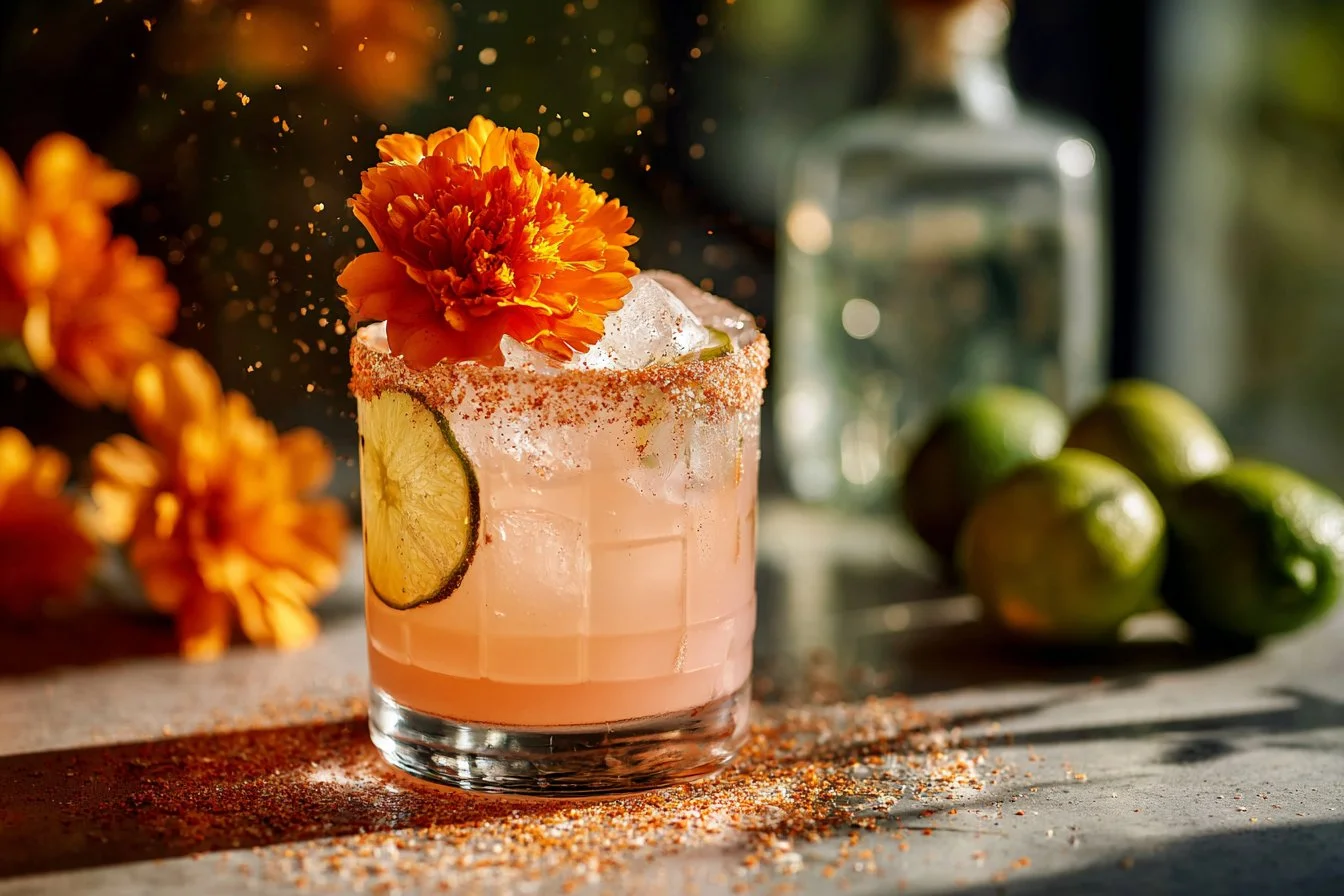 A vibrant Aperol Coconut Margarita served with a slice of lime and tropical garnish.