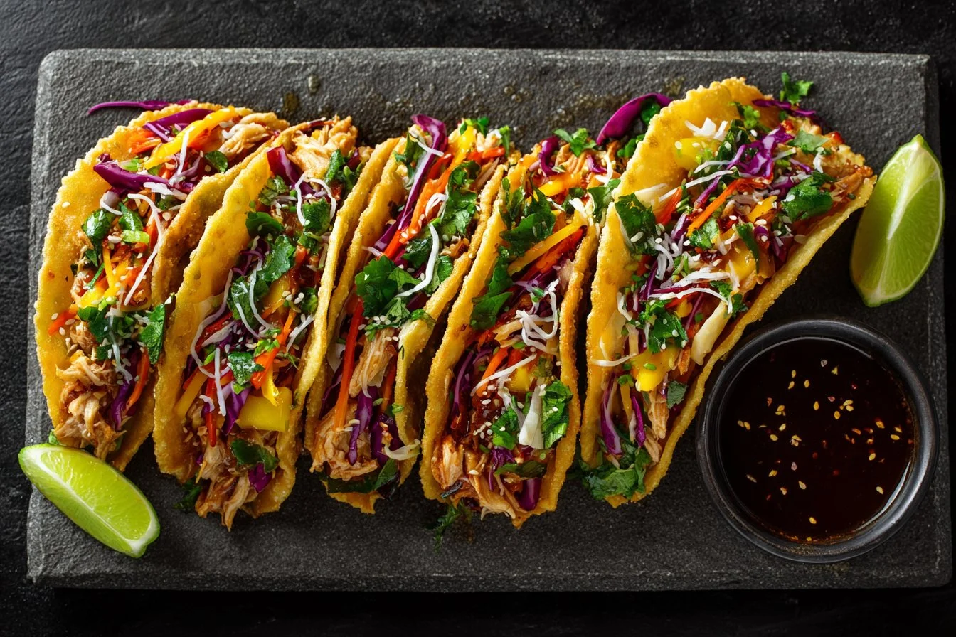 Delicious Chicken Wonton Tacos from Applebee's served with dipping sauce