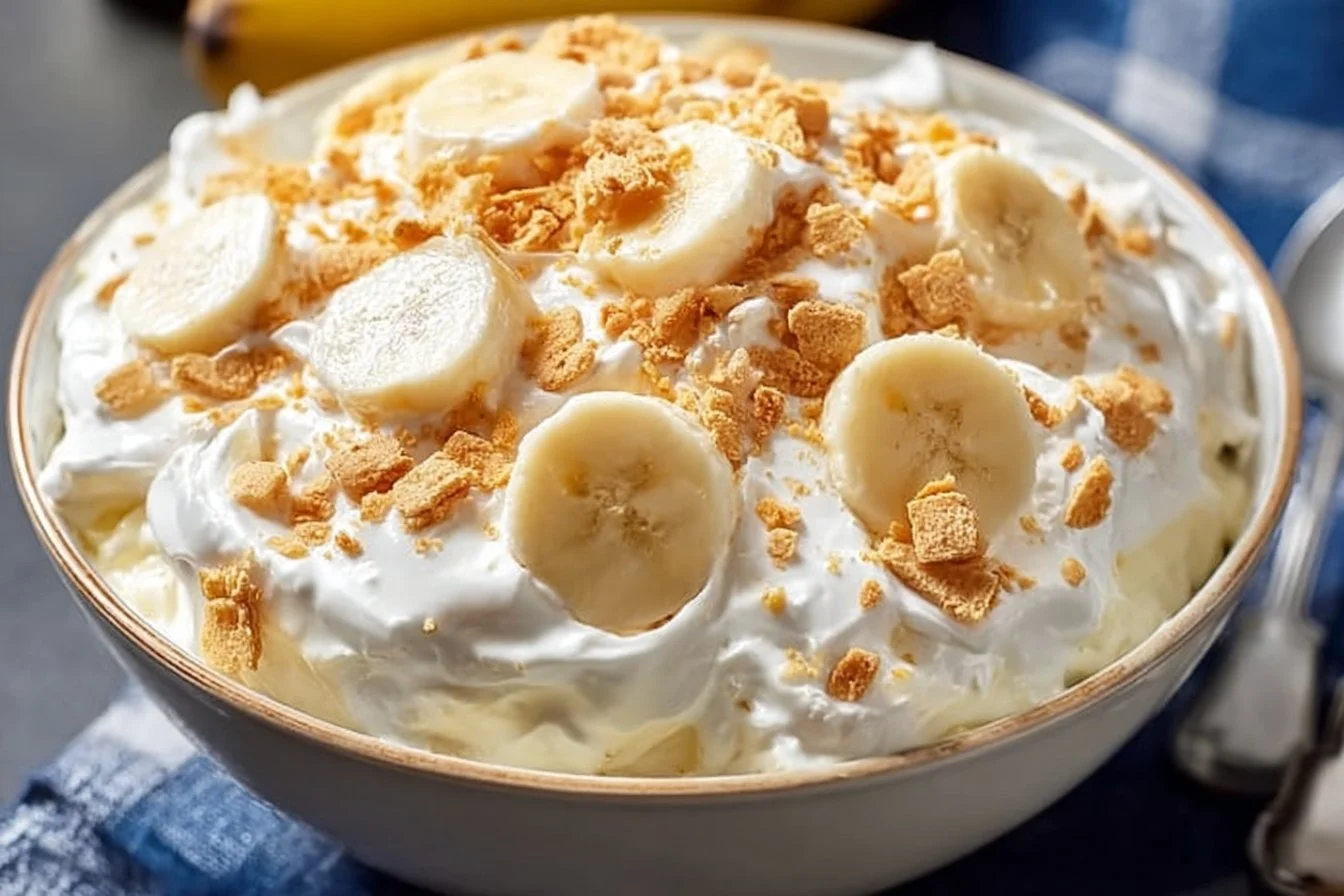 Banana Pudding Fluff Salad with whipped cream and banana slices