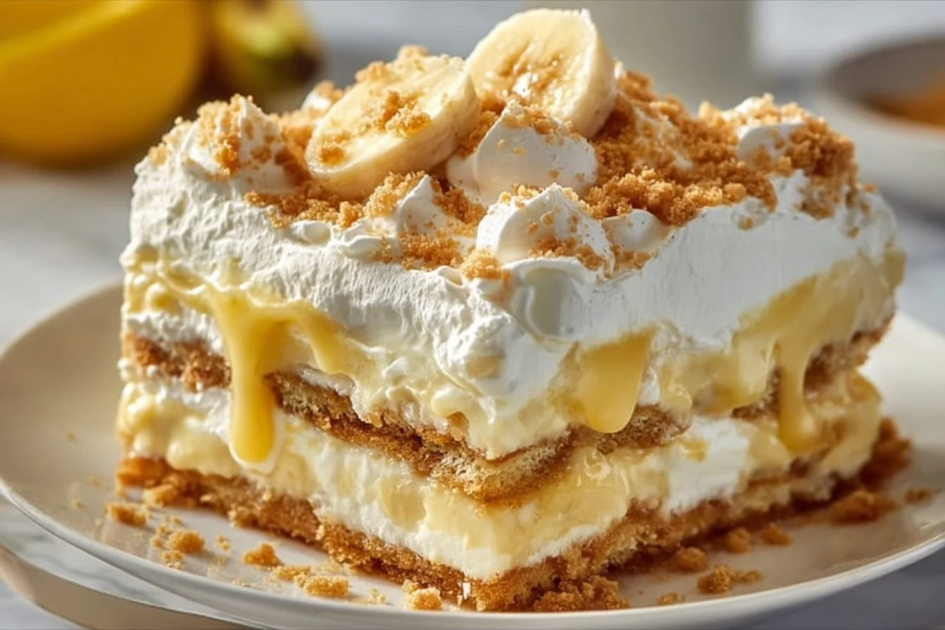 Banana pudding lasagna layered with bananas and creamy pudding