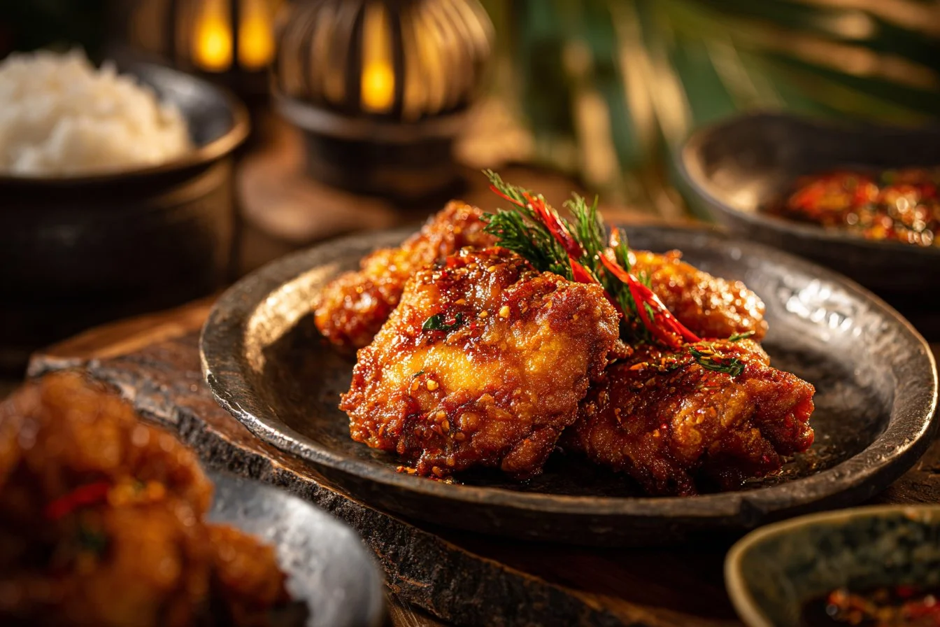 Delicious plate of Bang Bang Chicken garnished with herbs and spices.