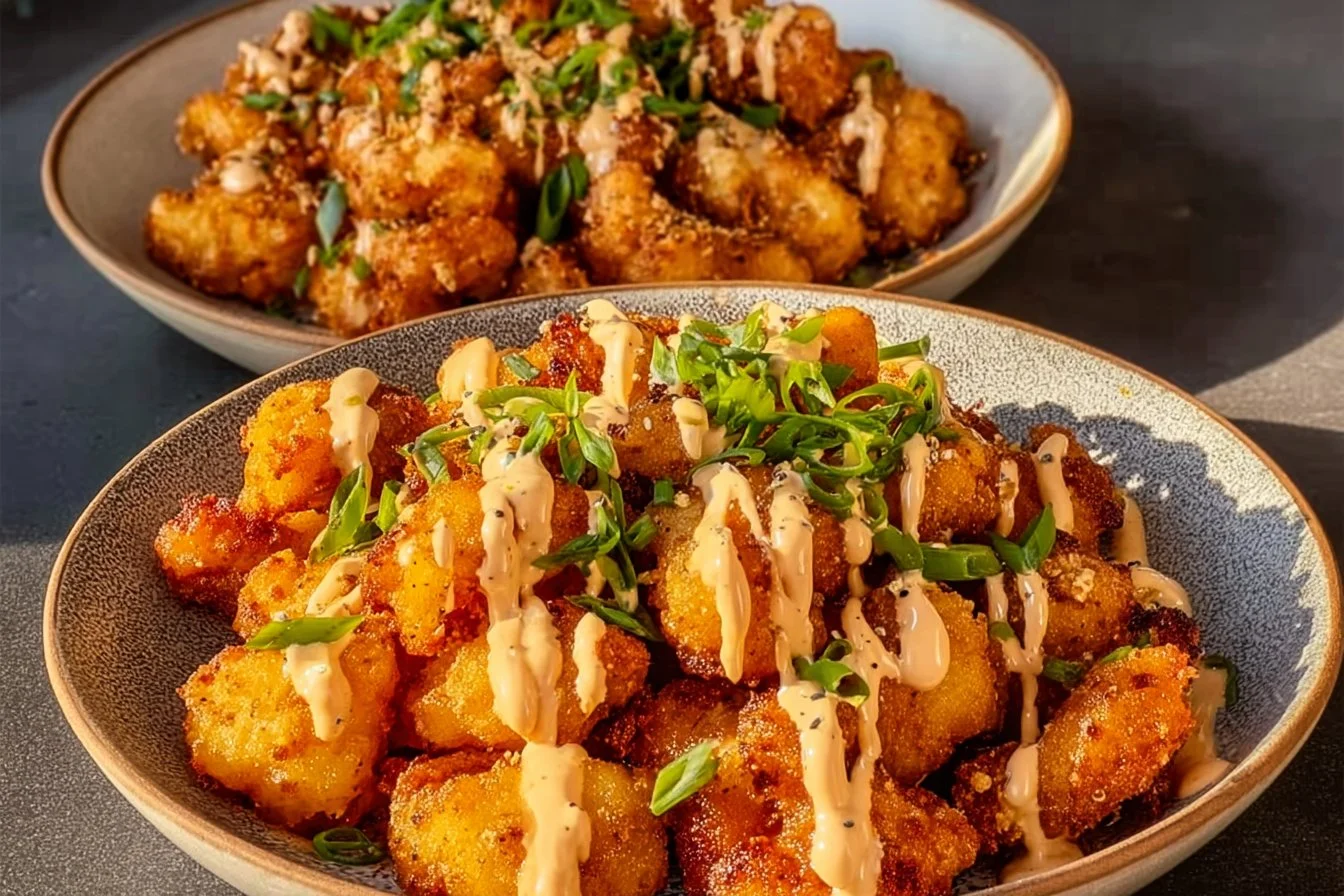 Plate of crispy Bang Bang Chicken garnished with cilantro and sauce