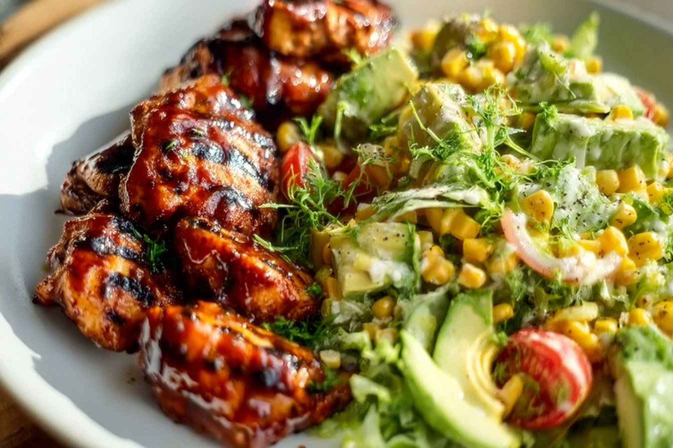 BBQ chicken skewer salad with fresh vegetables and herbs