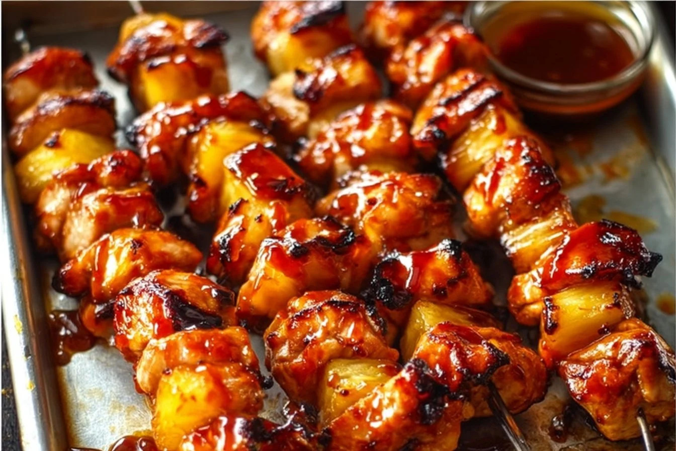 BBQ teriyaki chicken kabobs grilled to perfection on skewers