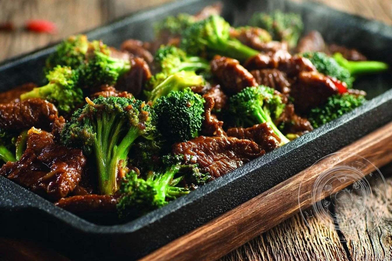 Beef and broccoli stir-fry with colorful vegetables in a wok.