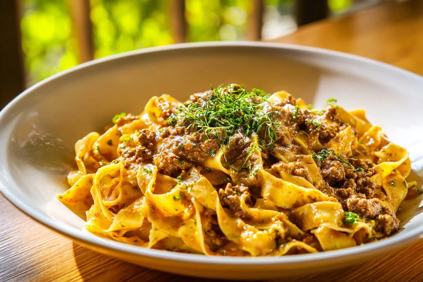 A delicious plate of beef and noodles garnished with herbs