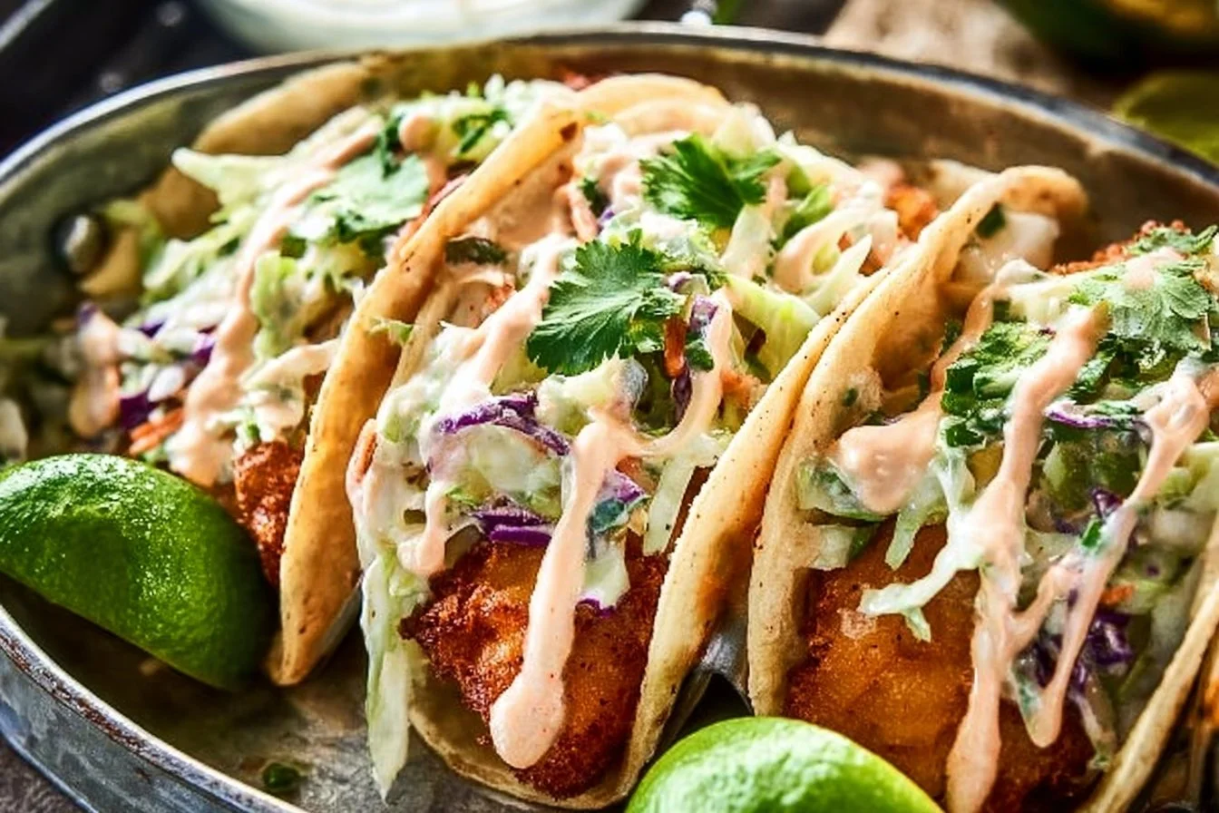 Delicious Baja fish tacos topped with fresh ingredients and lime