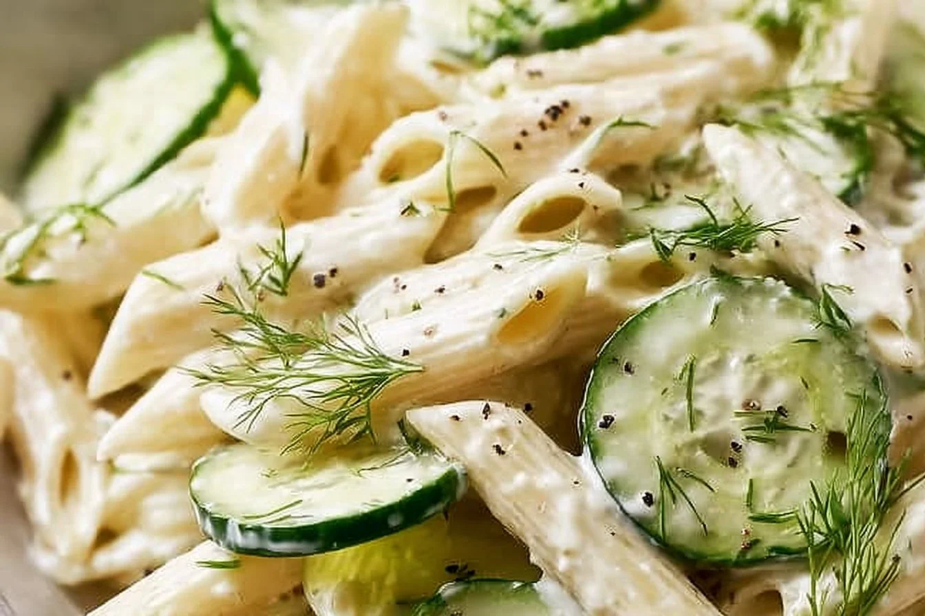 Delicious cucumber pasta salad with fresh ingredients and vibrant colors