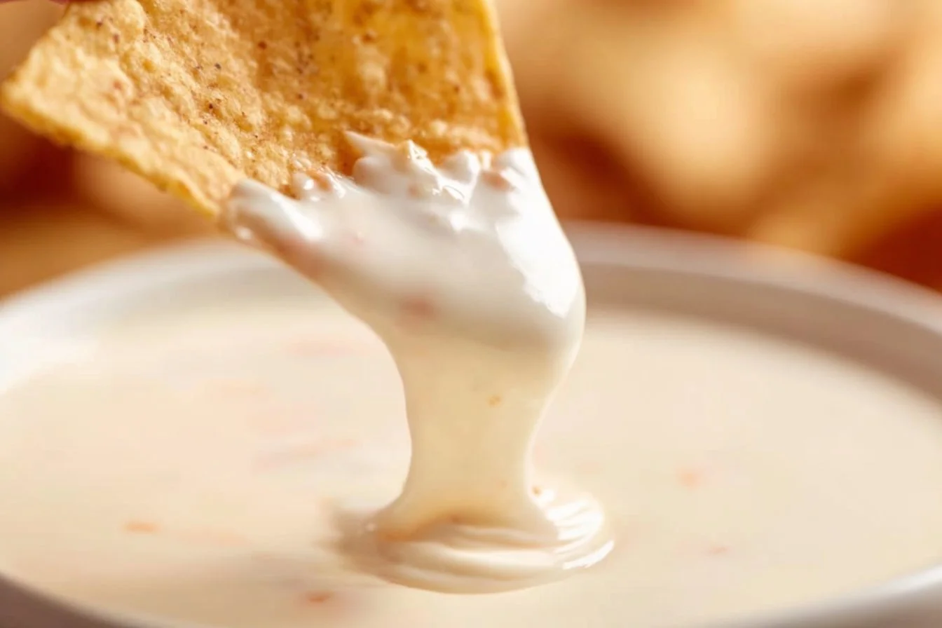 Creamy Mexican white cheese dip served with tortilla chips and garnished.